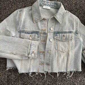 Light Wash Cropped Denim Jacket with Raw Hem